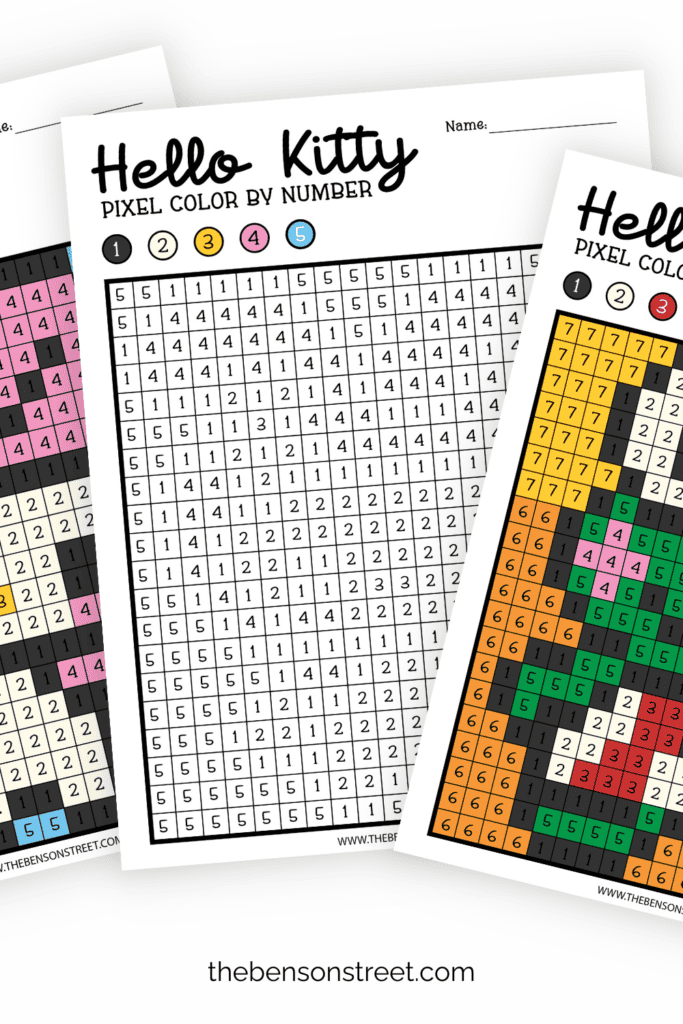 Pixel color by number inspired by Hello Kitty Characters free to print and color