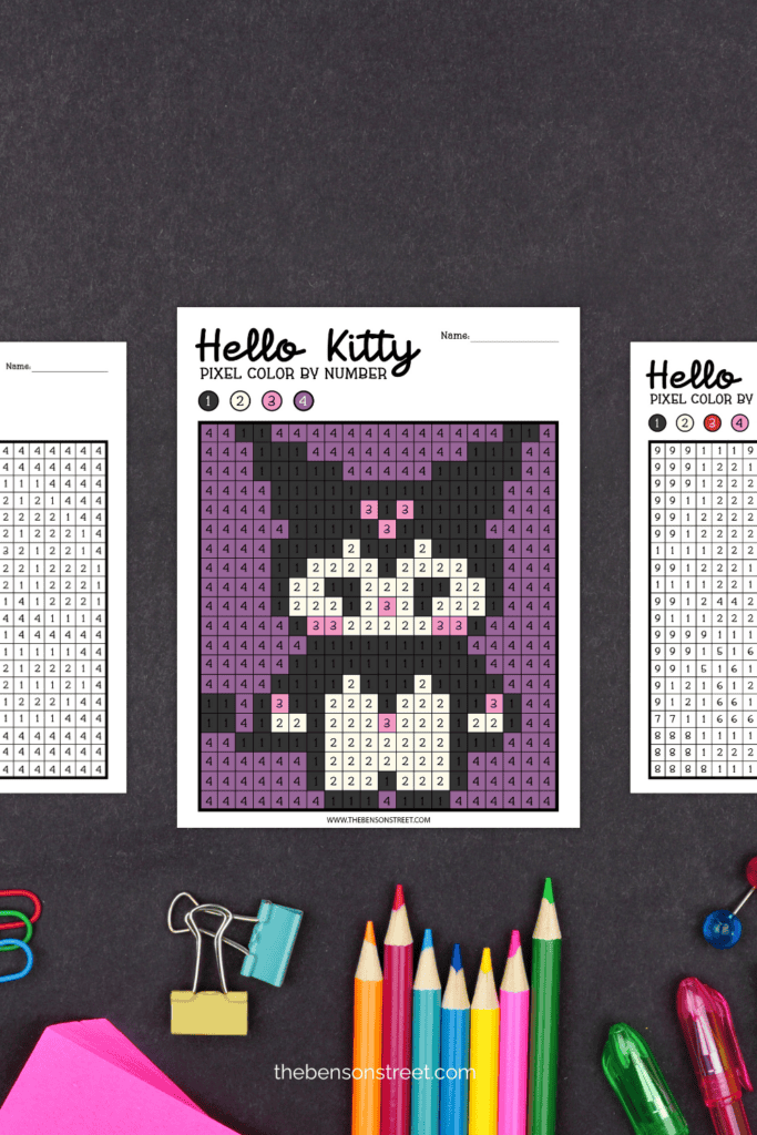 Sanrio Character color by number pages laid out next to each other with the one in the middle colored in