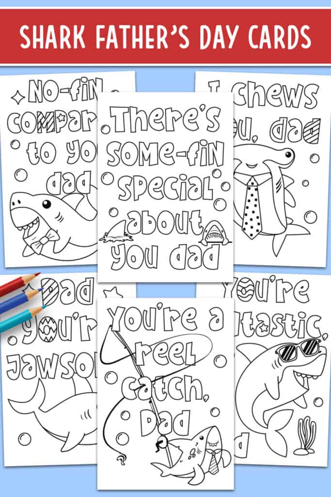 Flat lay of father's day coloring cards on a light blue background. Six card shark themed message and images to color in