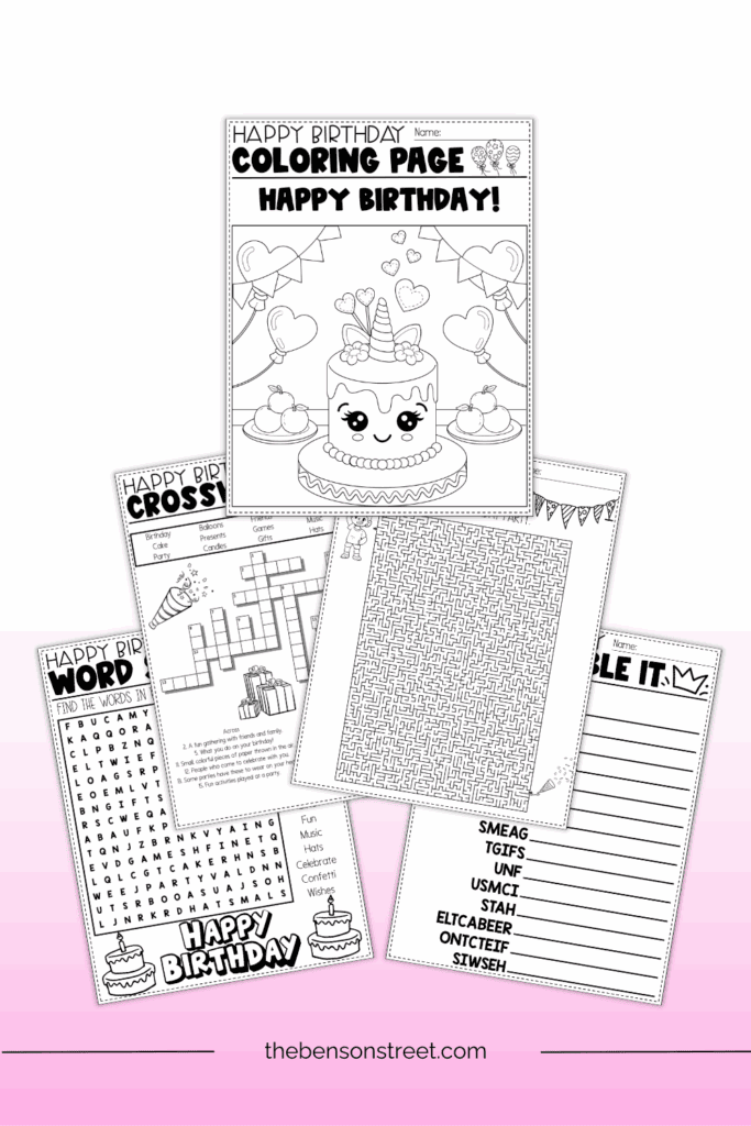 Sheets in a birthday activity pack lay8ing on top of each other