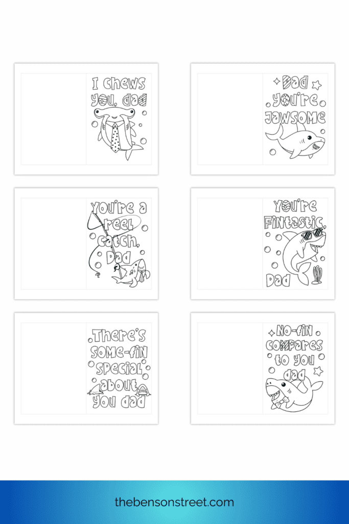 Six free printable shark Father's Day coloring cards for Father's Day laid out next to each other