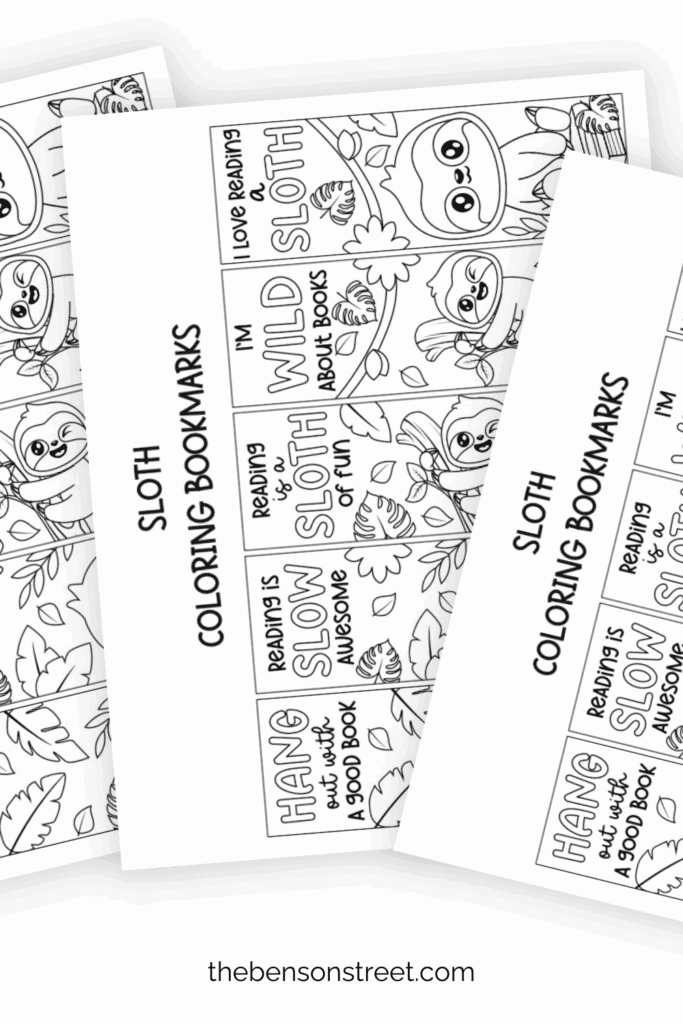 Sloth Coloring Bookmarks in five different designs free to print