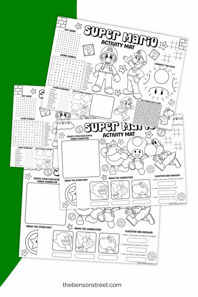 Stack of free printable Super Mario Themed Activity Placemats to fill in and color