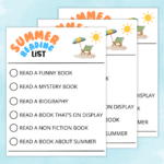 Stack of summer reading lists for kids laid on top of each other