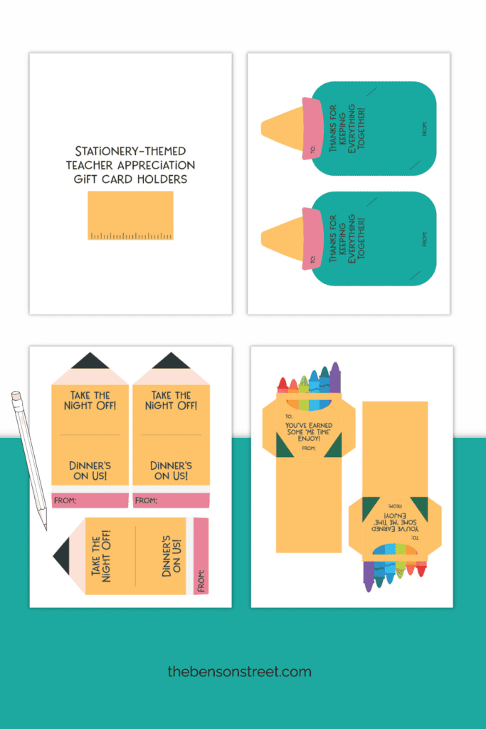 Stationery-themed teacher appreciation gift card holders at thebensonstreet.com