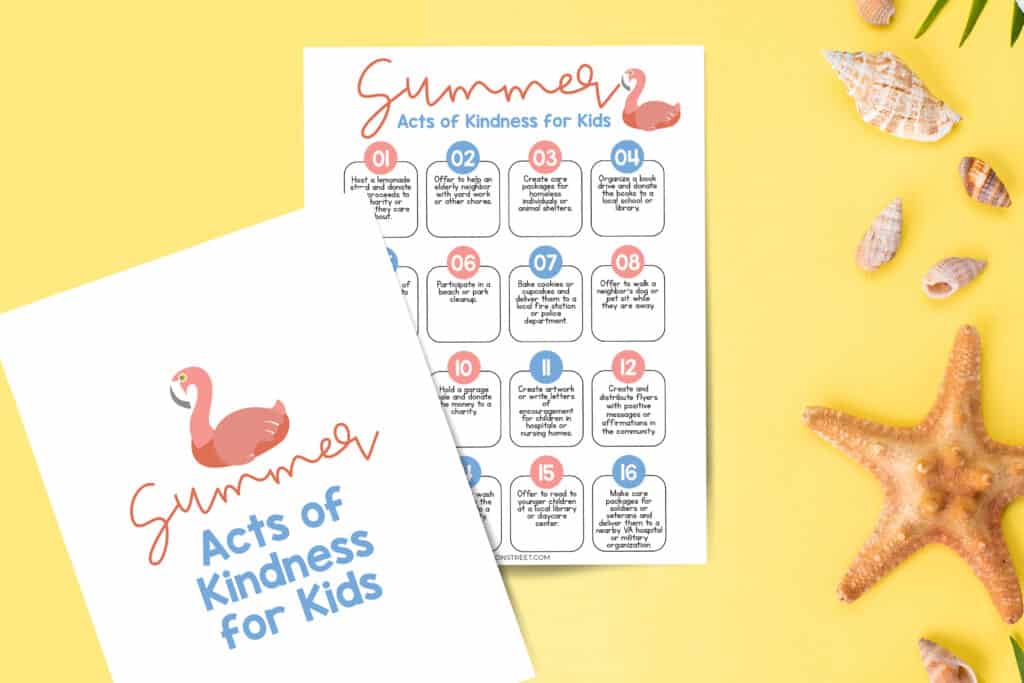Flat lay horizontal image fo two printable pages in a set with summer kindness activities for kids printed on the pages