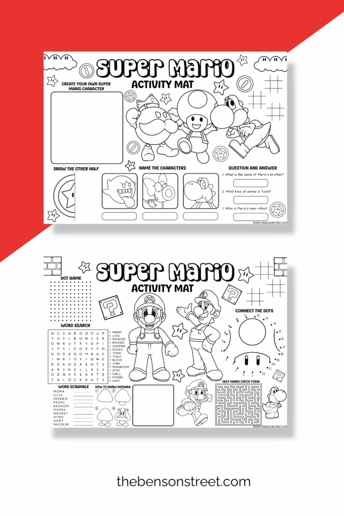 Super Mario Activity Mats on a white and red background