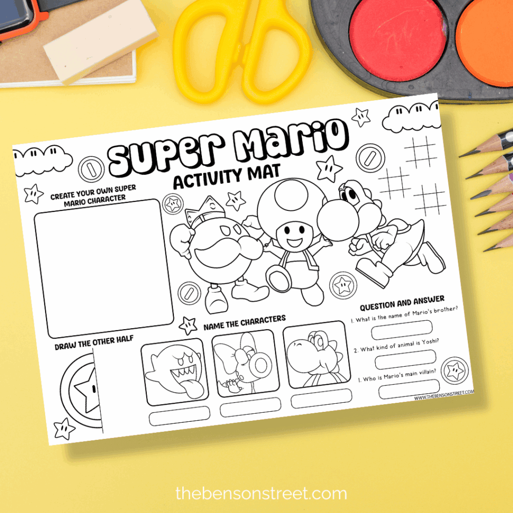 Super Mario Character Coloring and activity page on a yellow background with pencils and other supplies