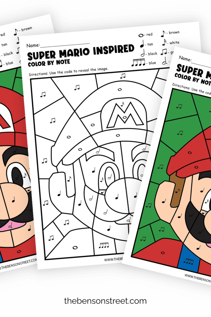 Super Mario Inspired Color by Note Pages fanned out one in black and one and two colored in