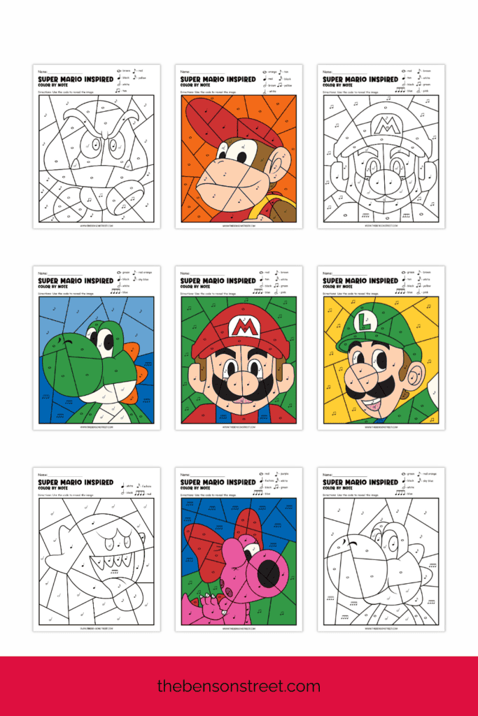 Super Mario Inspired Color by Note Printable Sheets