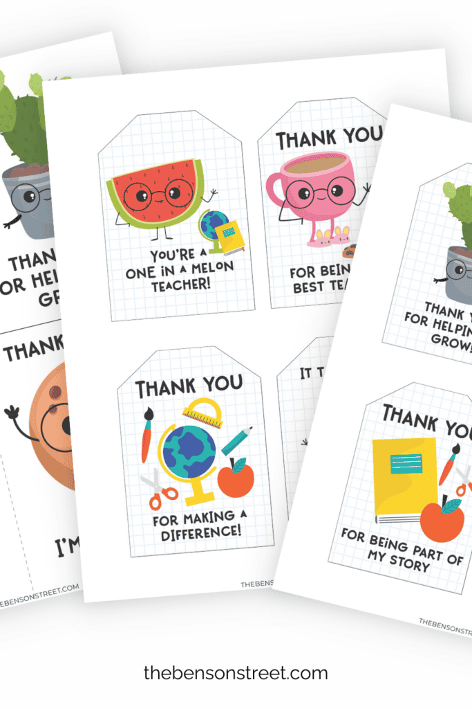 Fanned out pages of teacher appreciation cards and tags