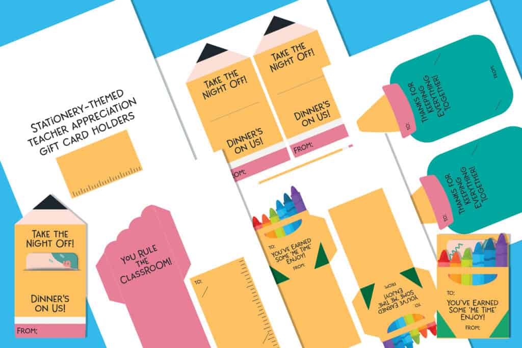 flat lay of pages in a teacher appreciation gift card holder set with two examples cut out with gift cards inserted