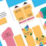 Free Teacher Appreciation Gift Card Holder Printable flat lay of pages in a teacher appreciation gift card holder set with two examples cut out with gift cards inserted