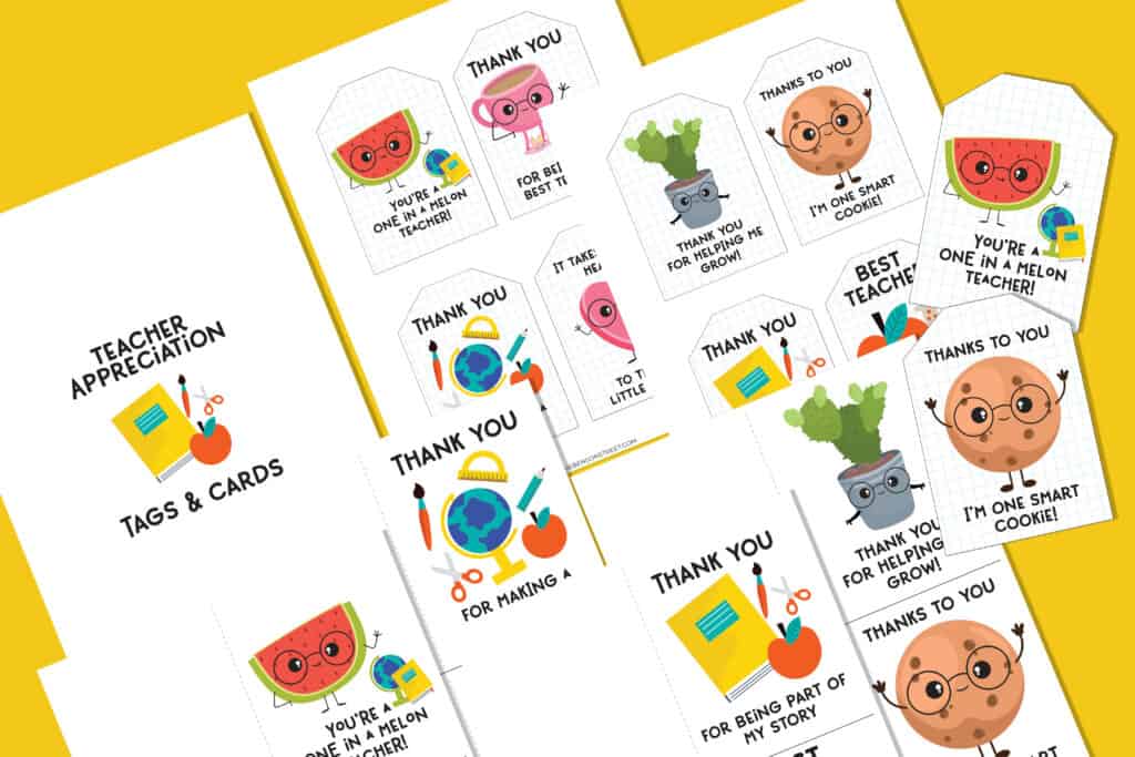 Flat Lay of a teacher appreciation foldable cards and tags to thank teachers