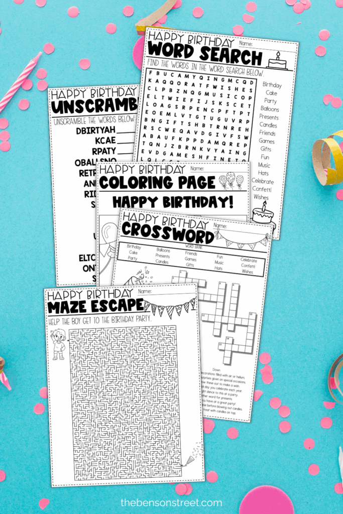 Teal background with fun activity pages for birthdays to print off