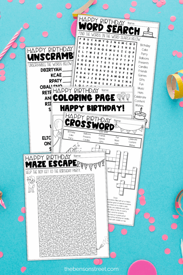 Teal background with fun activity pages for birthdays to print off