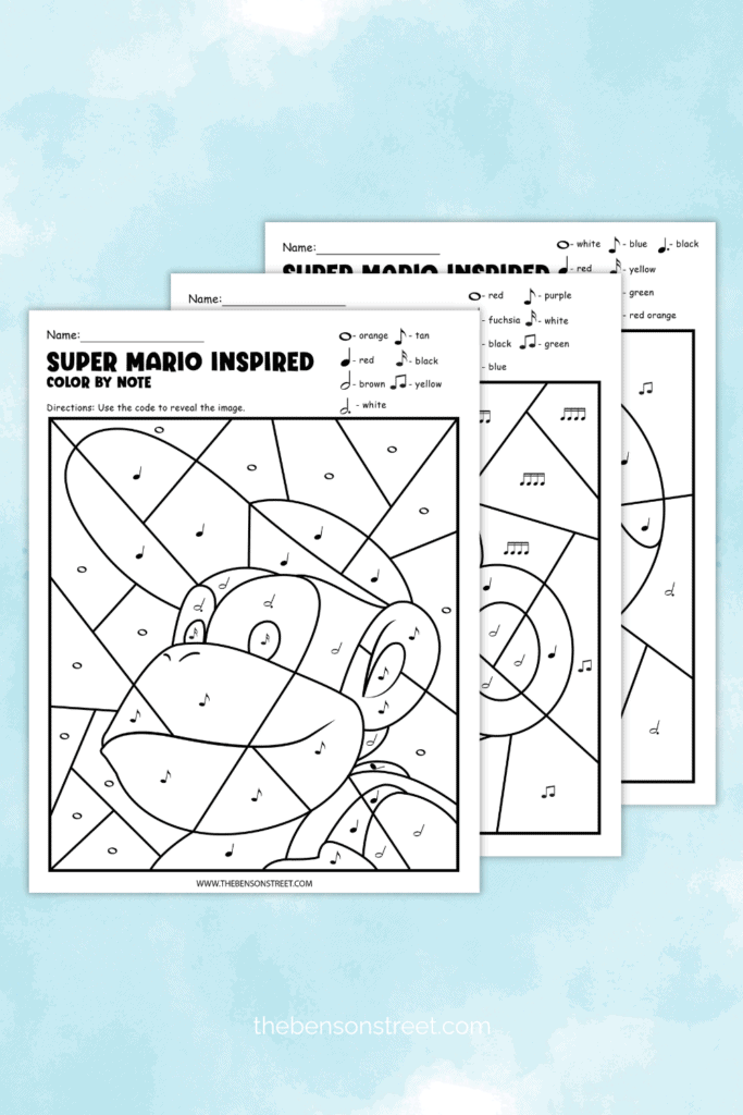 Three Mario Color by Note Pages stacked on top of each other on a blue background
