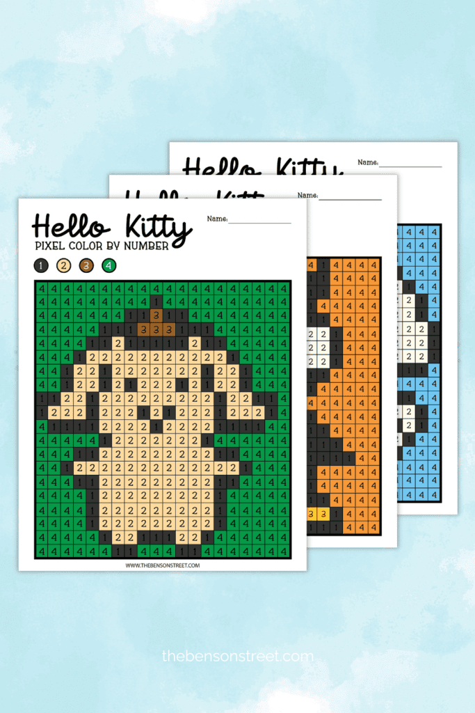 Three Sanrio Character color by number pages on top of each other