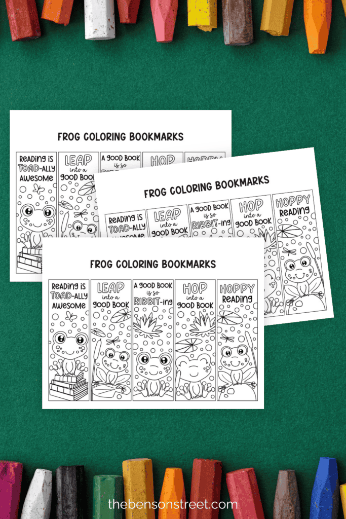 Three sheets for coloring frog bookmarks on a green background with crayons
