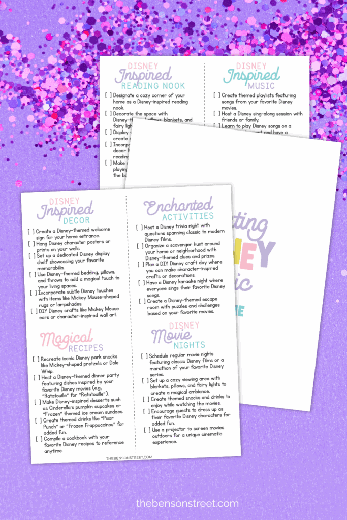Three sheets in a free printable set about creating disney magic at home with disney themed activities on a purple background