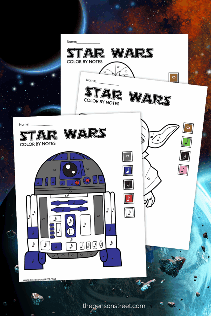 Three sheets of Star Wars Inspired color by note pages featuring r2d2, yoda, and chewie 