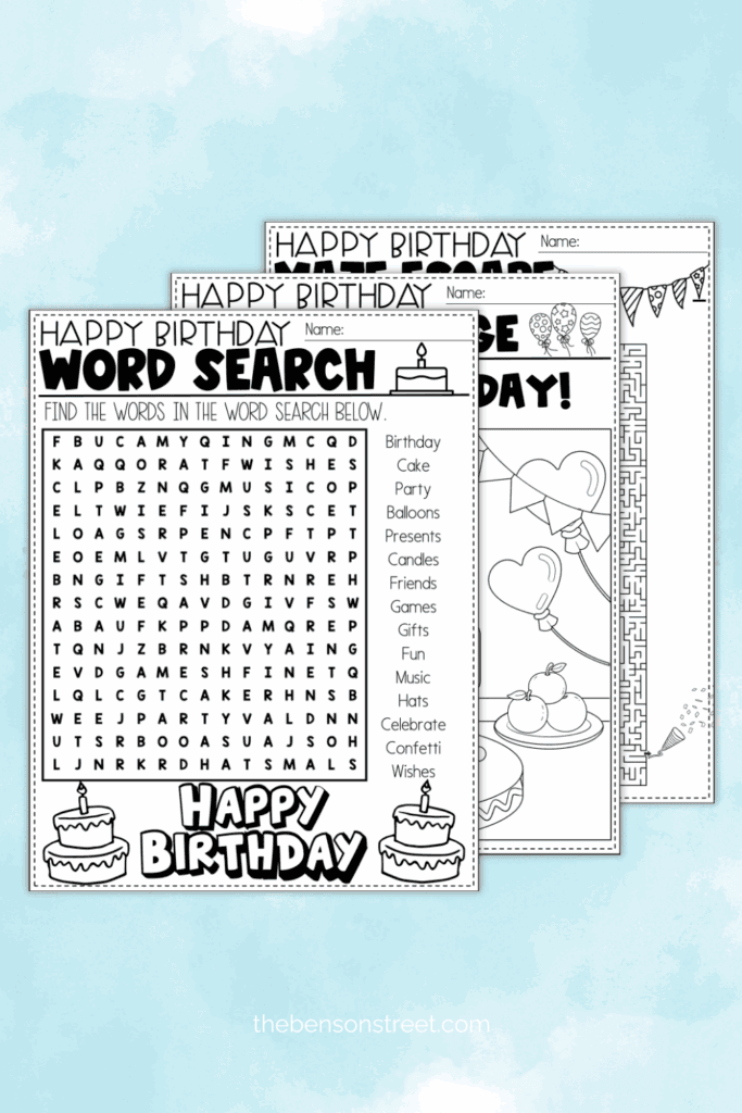 Three sheets of birthday activities on top of each other
