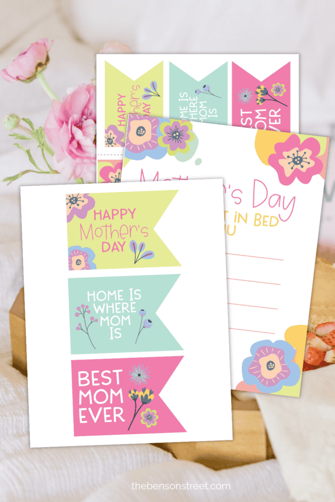 Three sheets of mother's day breakfast toppers and menu