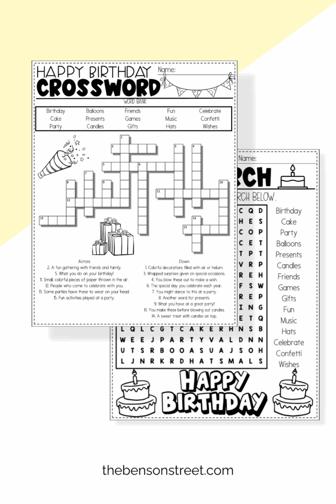 Two birthday activity sheets a crossword and word search page with coloring items