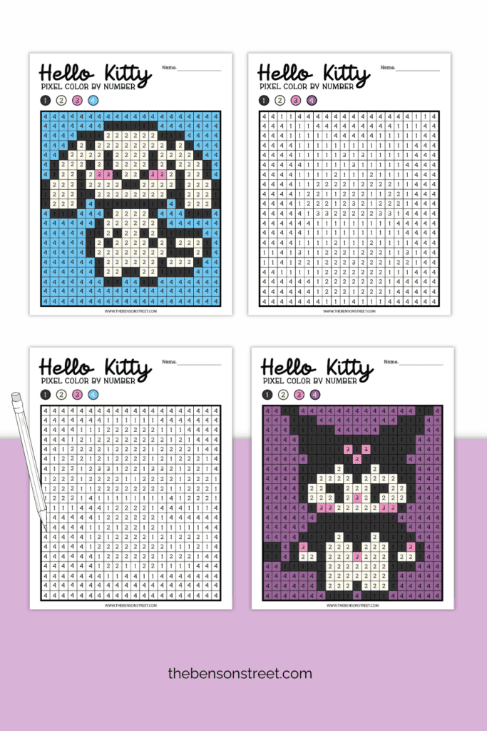Two different hello Kitty Pixel Color by number pages free printable