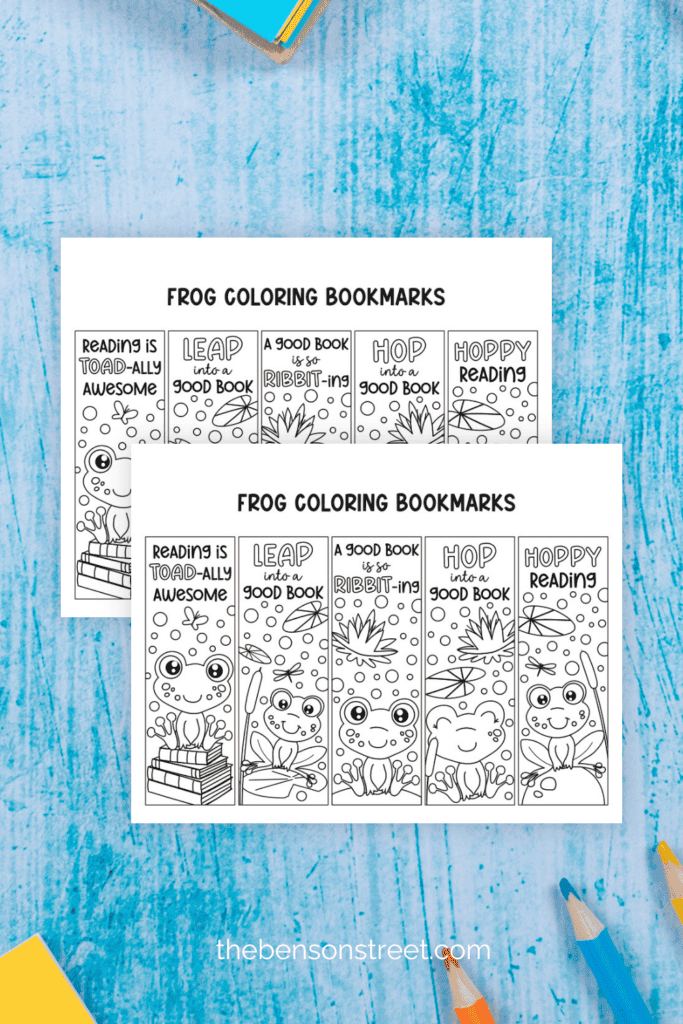 Two pages full of coloring bookmarks with frogs on them on a light blue background
