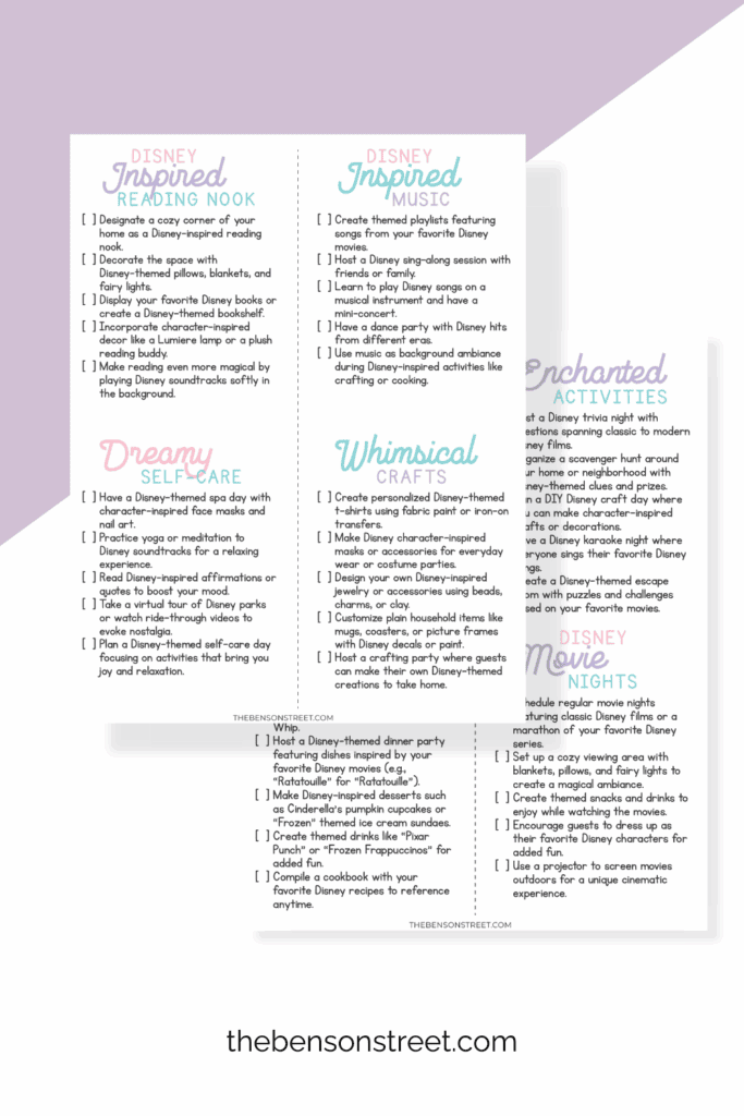 Two pages with a bunch of lists of ideas to have Disney fun at home