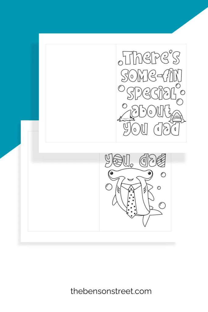Two single fold free printable shark themed coloring cards