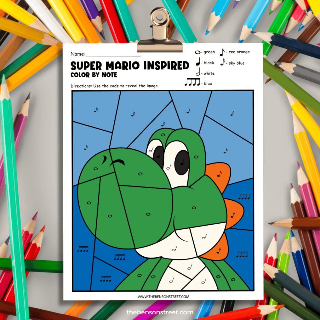 Yoshi Mario Themed Color by Note Free Printable Page