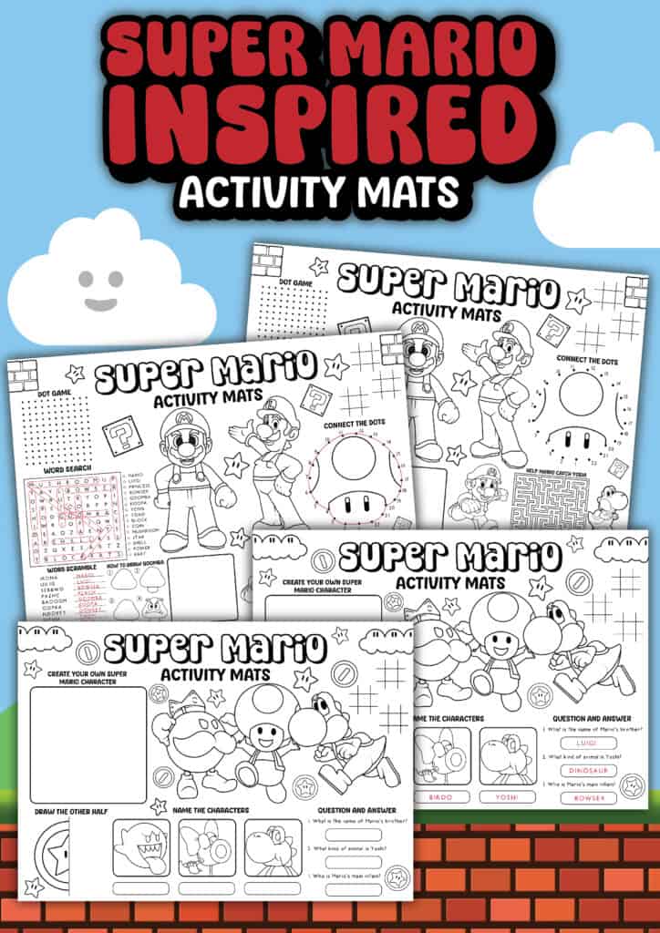 Mock up of printed out Super Mario Inspired Activity Mats