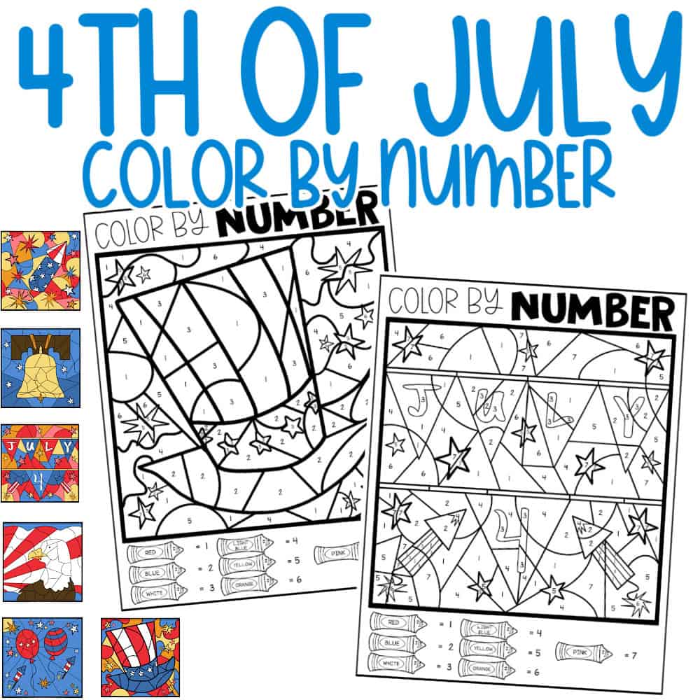 A set of 6 different color by number pages for July 4th. Examples colored in with two larger uncolored sheets