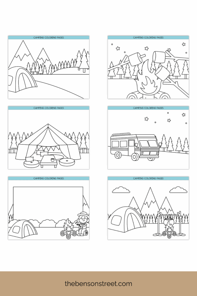 6 different camping themed coloring pages in black and white to color