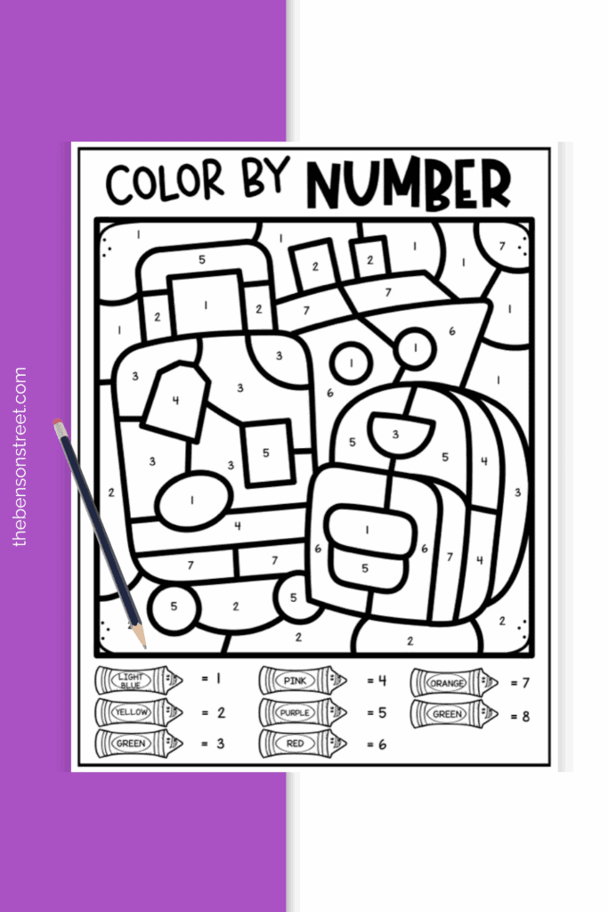 A free printable color by number page with a packed suitcase and backpack