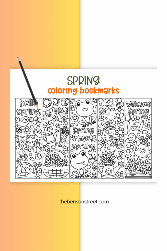 A sheet of spring bookmarks to color and customize with a pencil laying on top