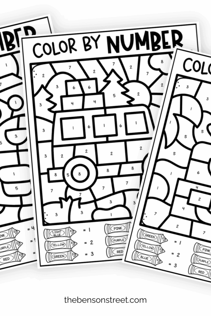 Black and White Color by Number Pages with a Road Trip Theme fanned out