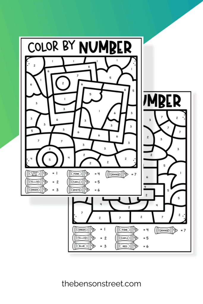 Black and White Color by Number Pages with travel pictures and suitcases