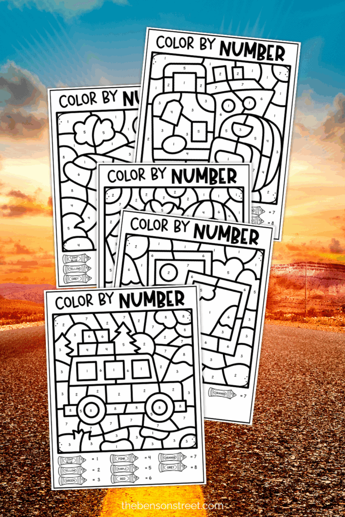 Black and White Travel and Vacation Themed Color by Number Printable Pages