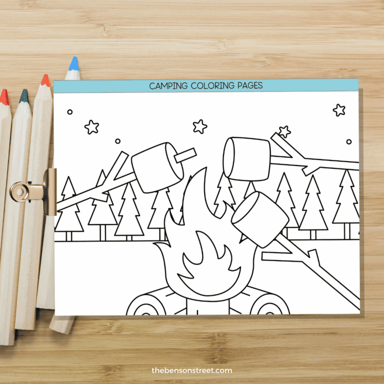 Campfire coloring page with a fire and marshmallows roasting over the fire