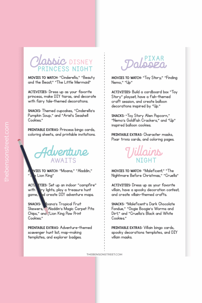 Classic Movie Night themes with your favorite Disney movies and free printable checklist with ideas
