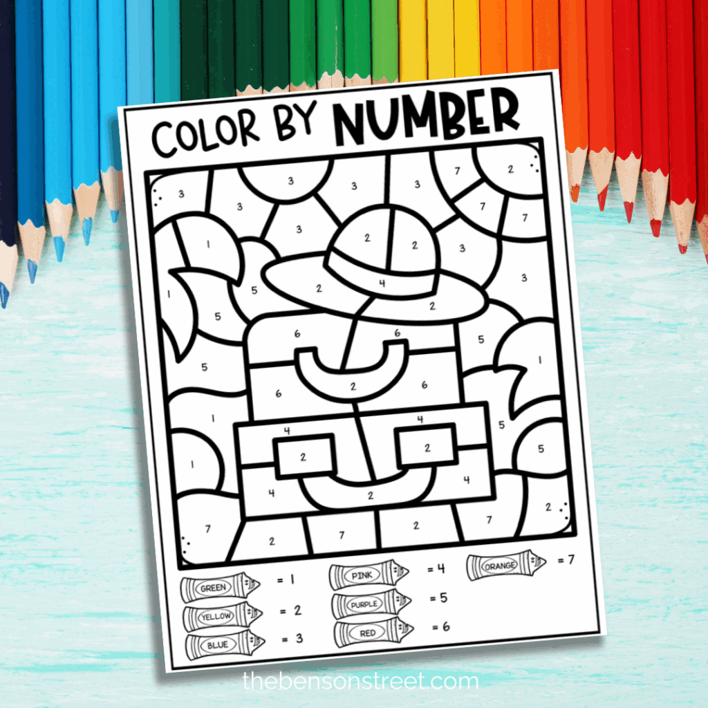 Color by number of suitcases with coloring pencils in the background