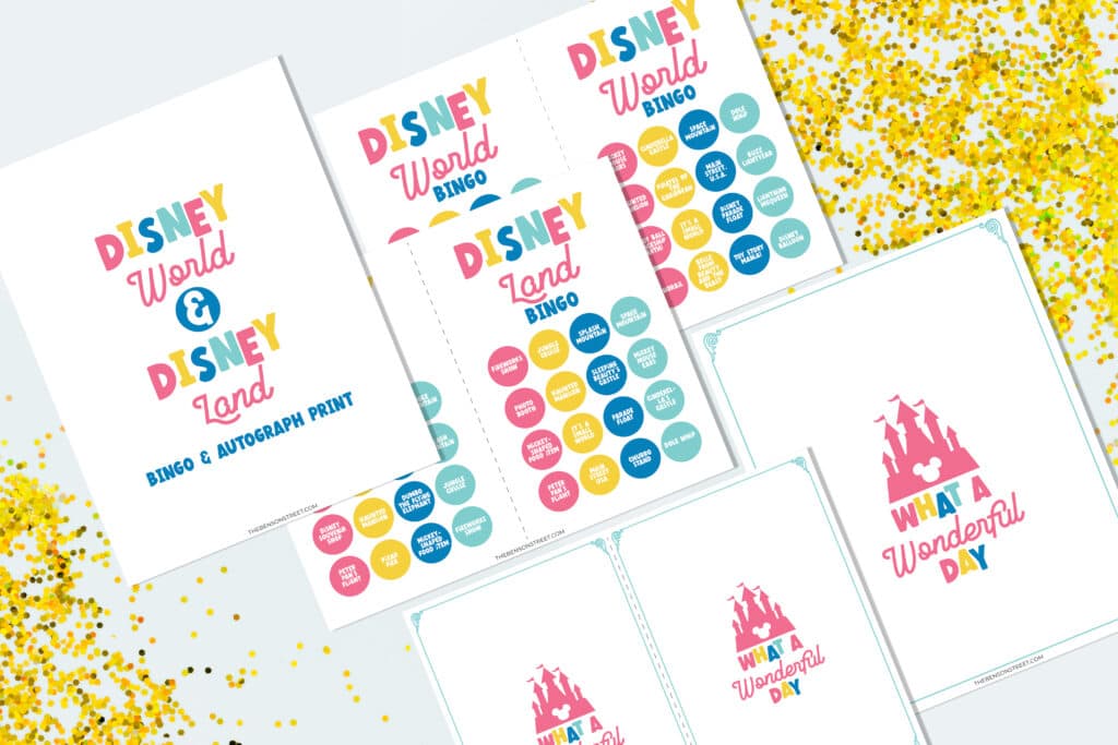 Flat lay of disney bingo and autograph cards