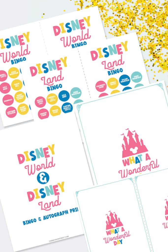 A flat lay with gold glitter and printed out pages of disneyland and disney world bingo with bonus autograph pages