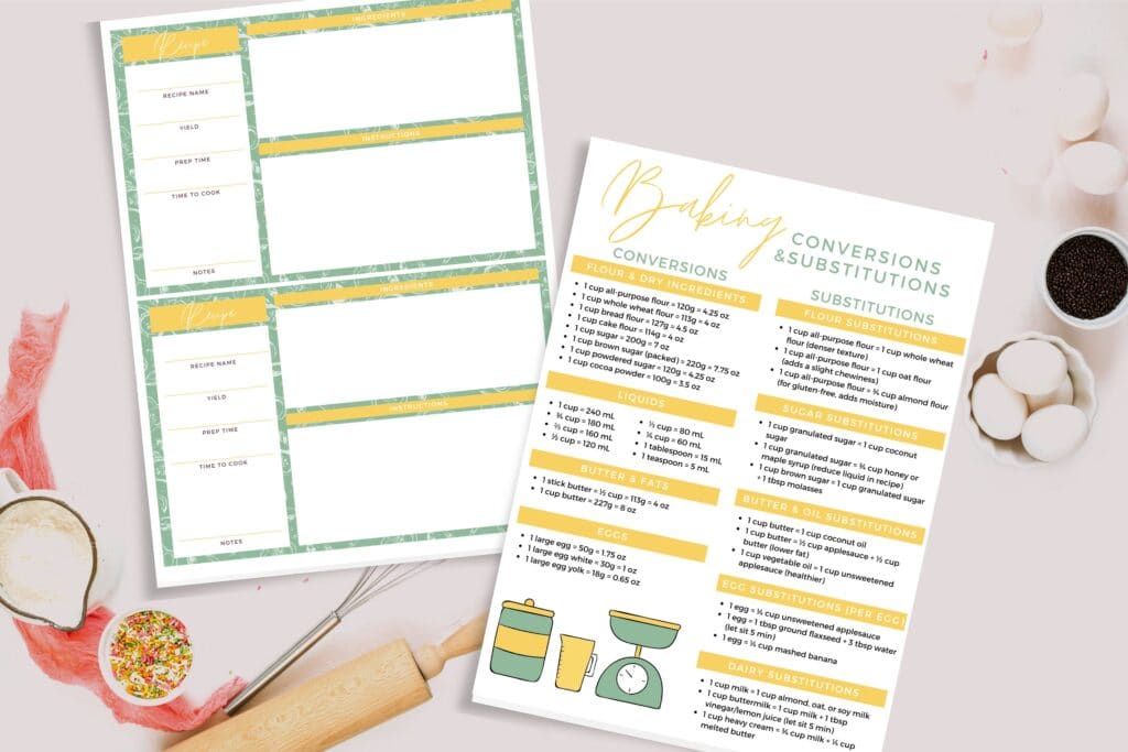 Printable Recipe Cards & Conversions flat lay