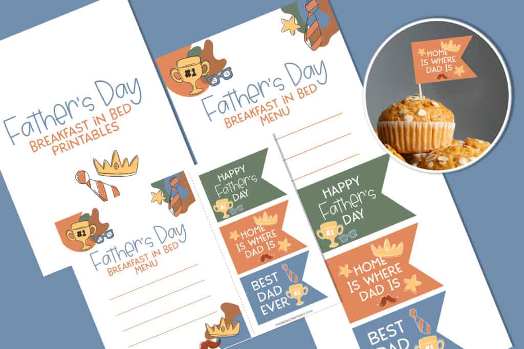 Flat lay of father's day breakfast in bed printables on a blue background with a circle showing a muffin with a tag attached to a toothpick sticking out of the top.
