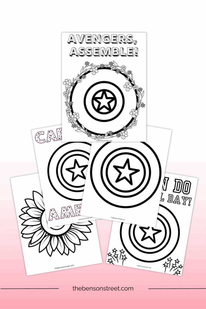 Five different coloring pages featuring a Captain America Shield