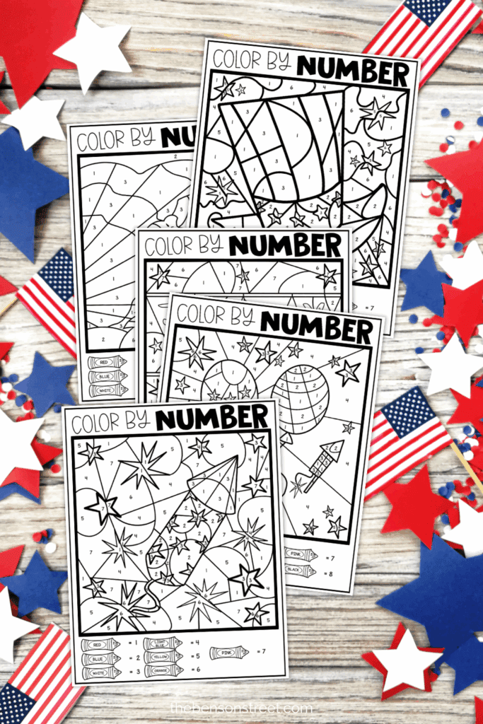 Five different pages with color keys to 4th of July color by number pages